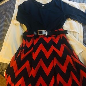 3/4 sleeve Navy Blue/Red Chevron dress